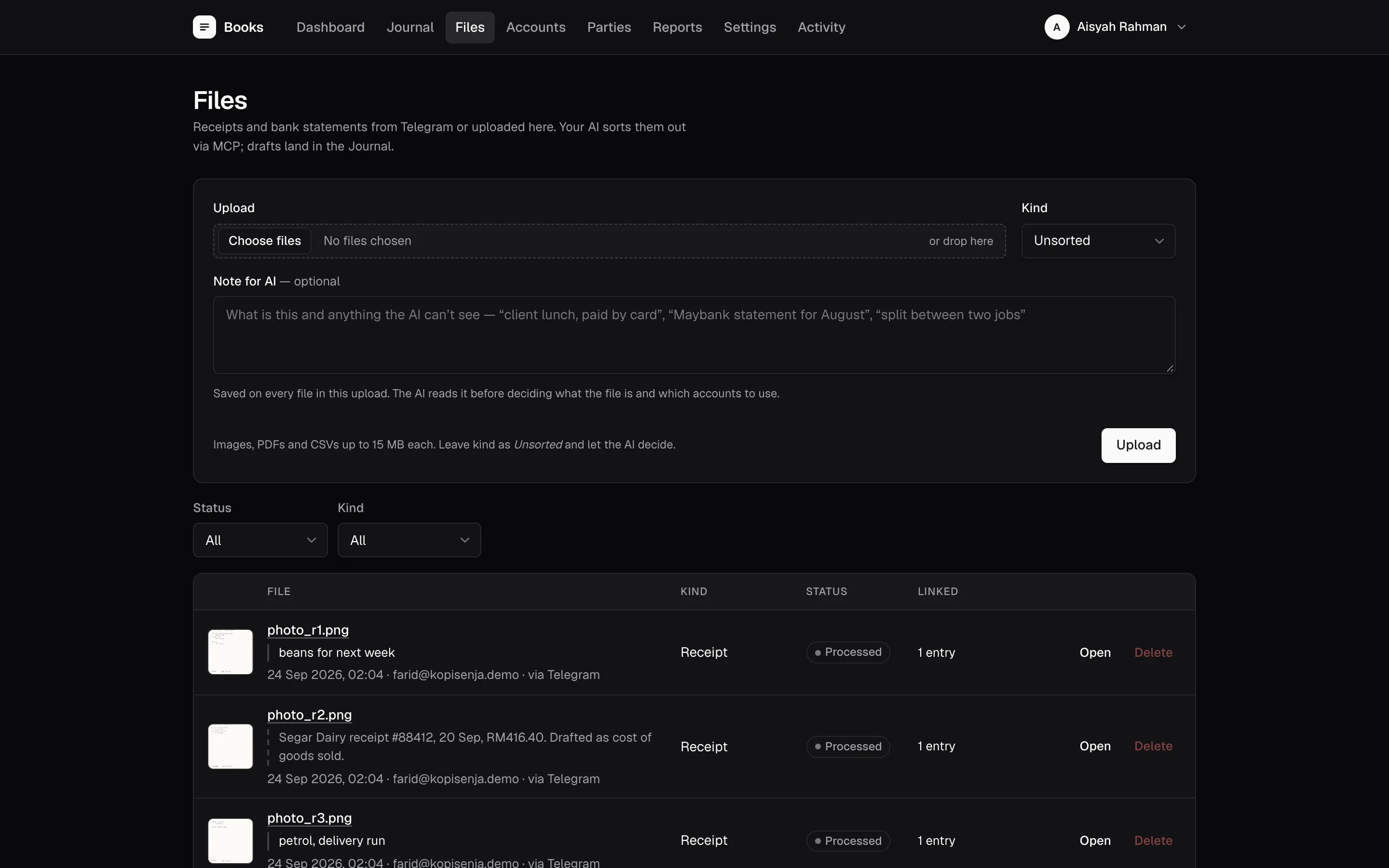 The files inbox with receipts and their AI summaries