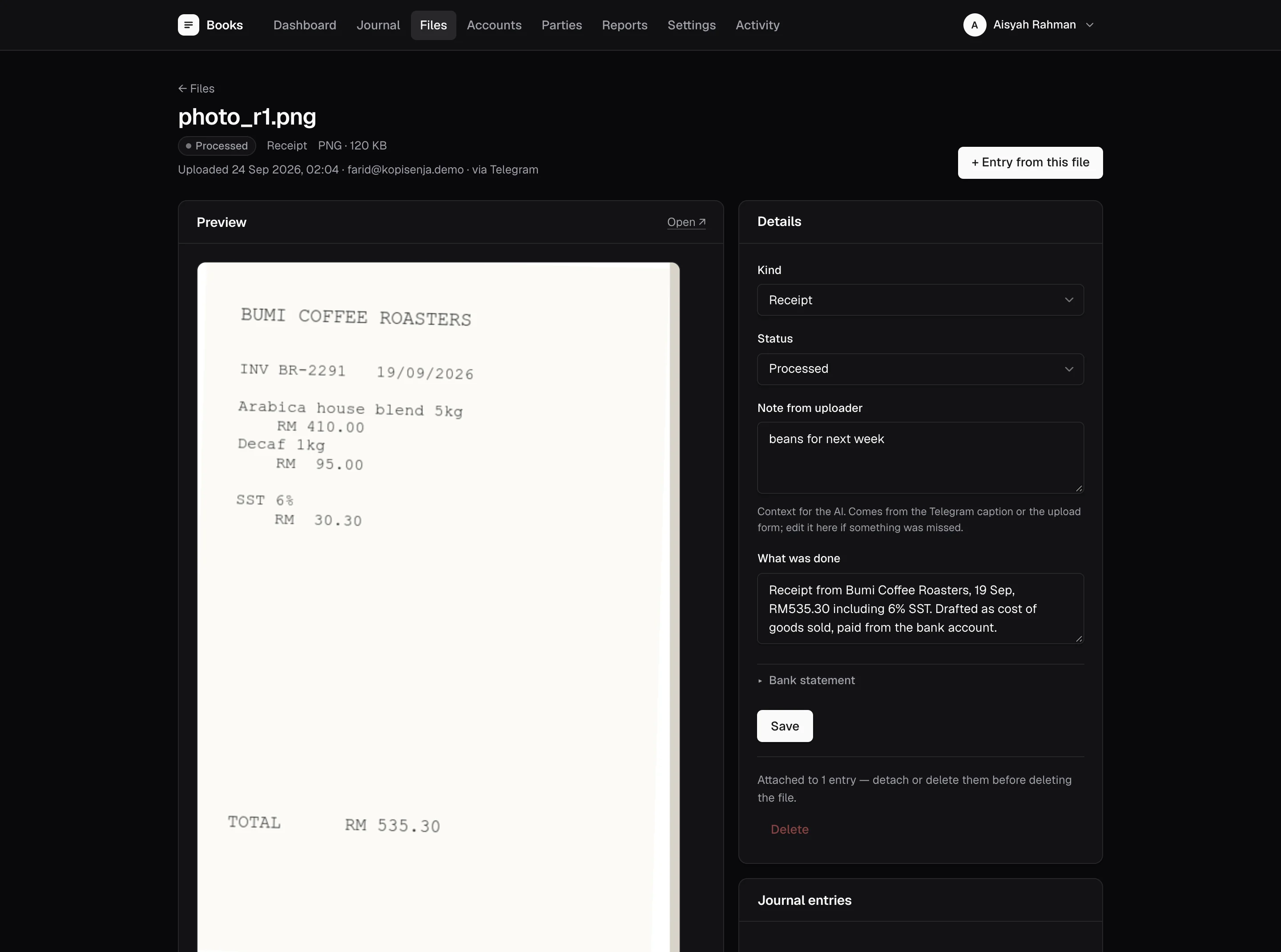 A receipt from Telegram, the AI's summary, and the draft it created