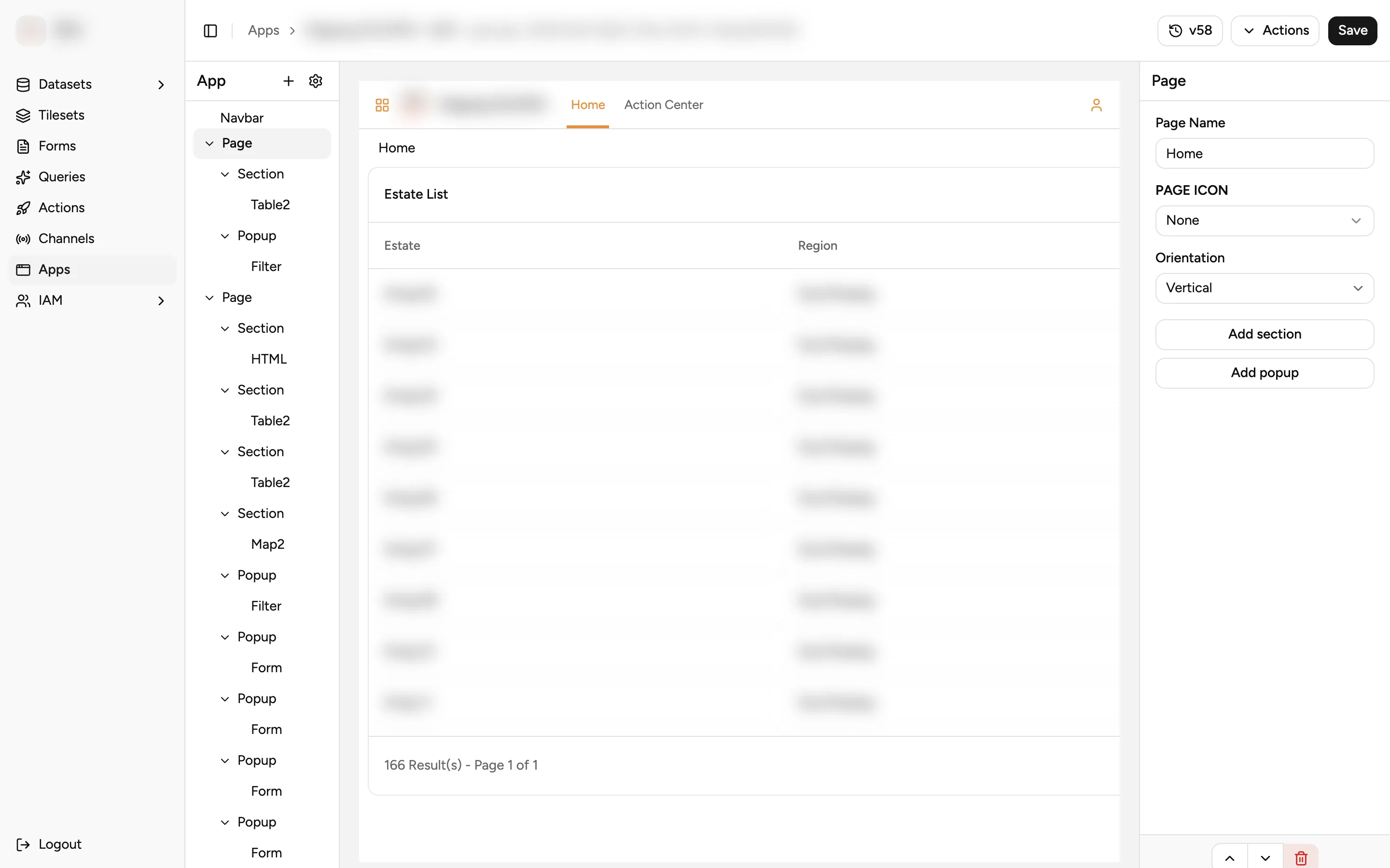 The GAIA app builder with the page tree and a live preview