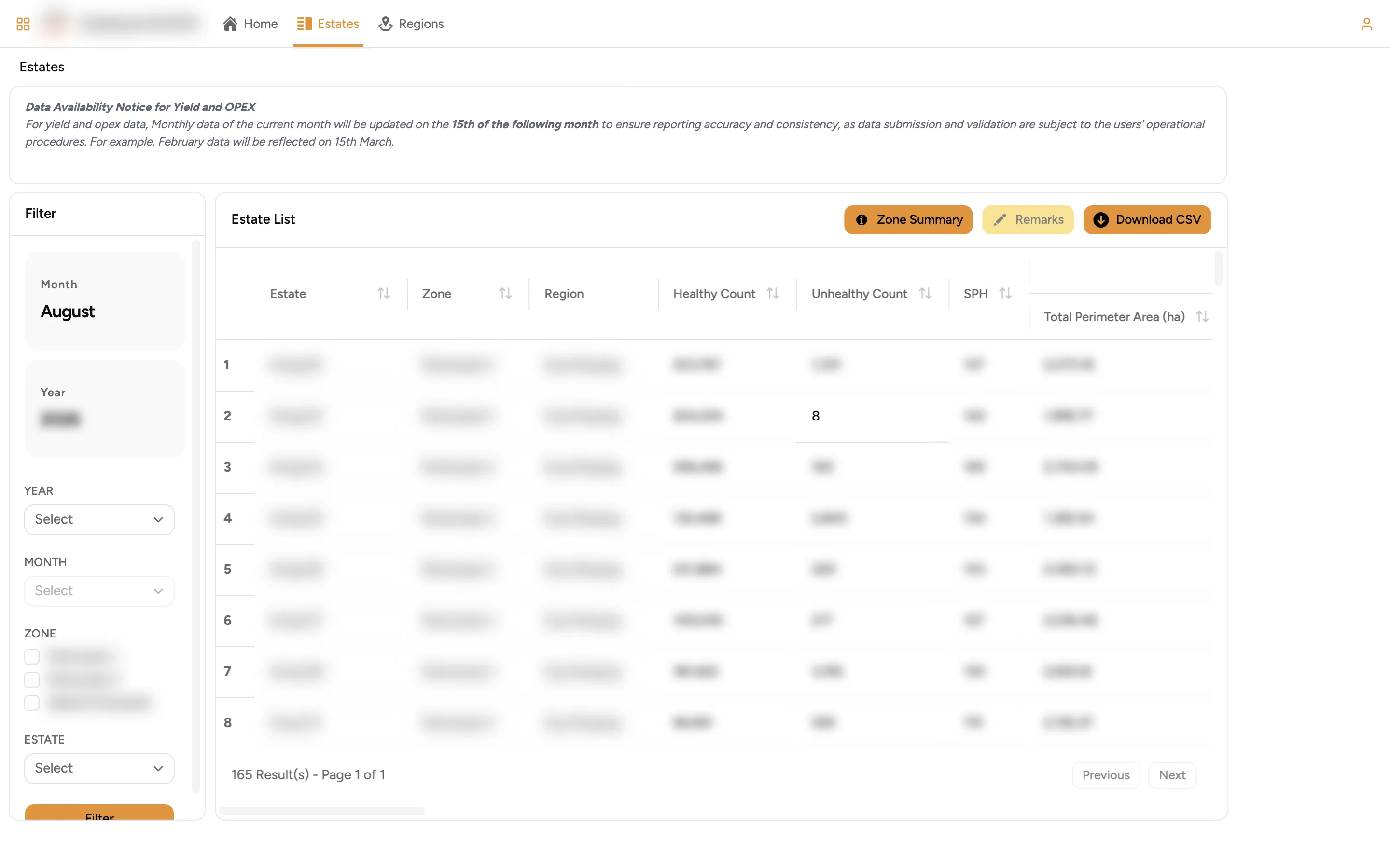 A filterable estate list with a CSV download