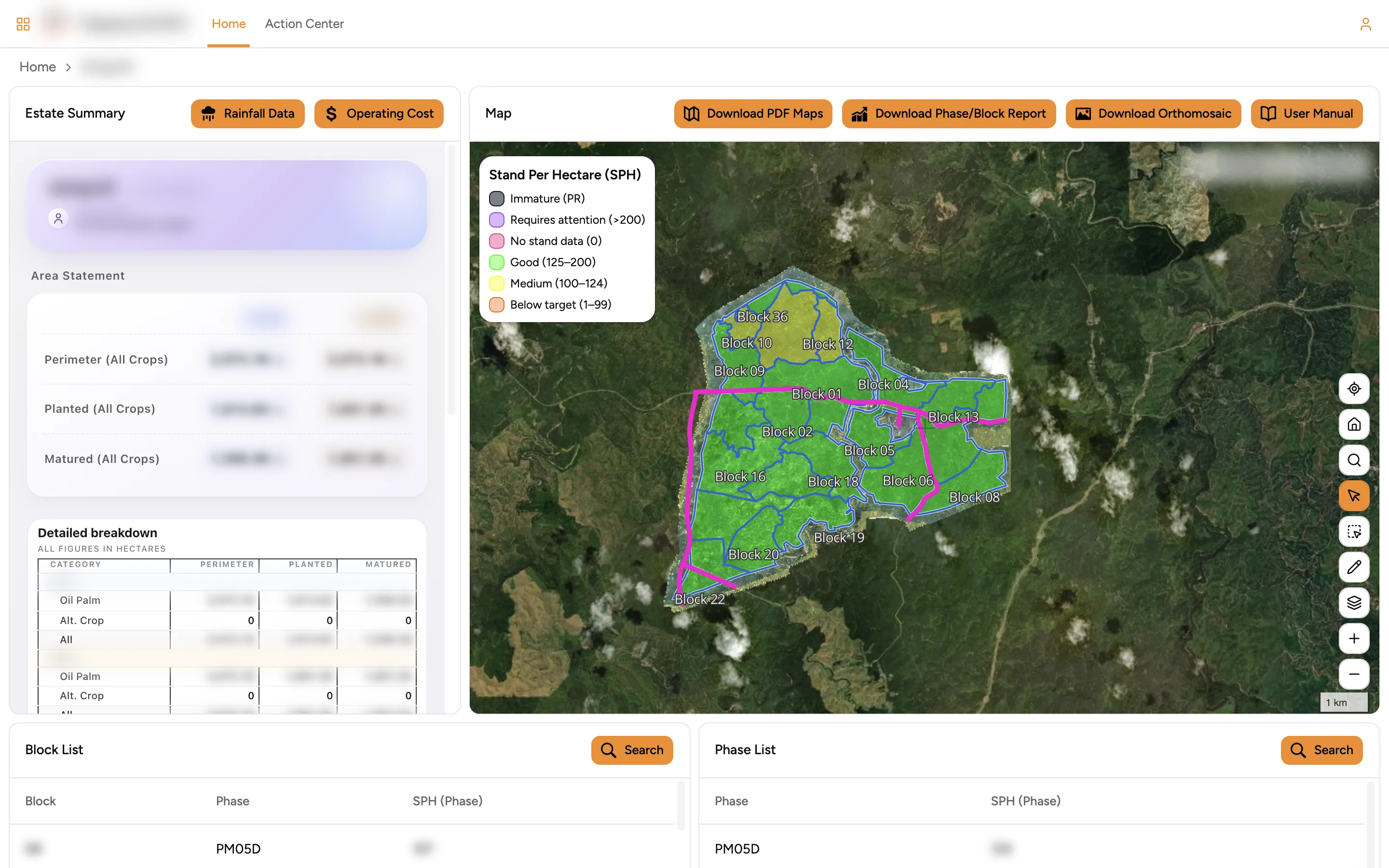 A GAIA map app: an estate's blocks coloured by stand per hectare over satellite imagery