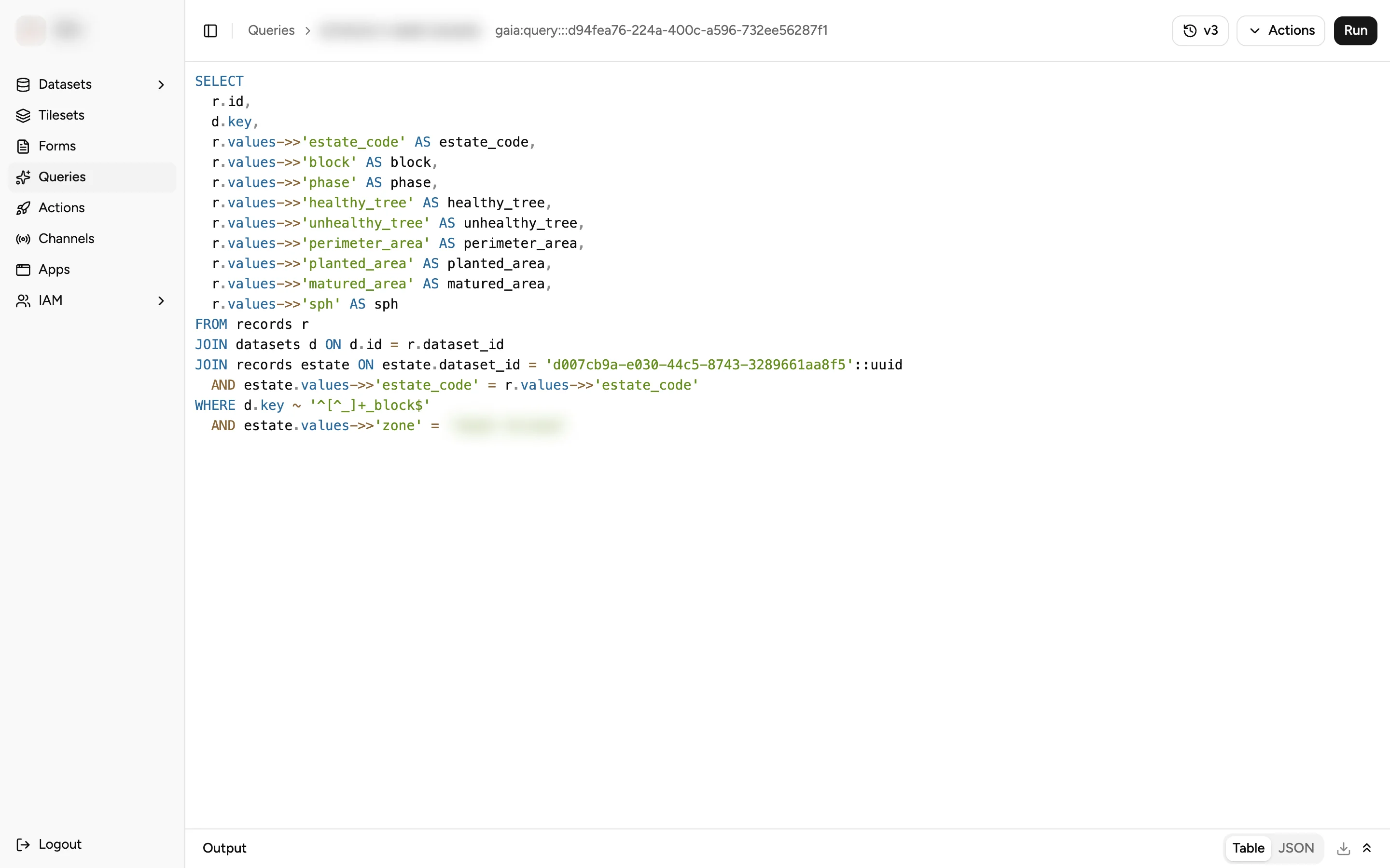A SQL query in the GAIA console