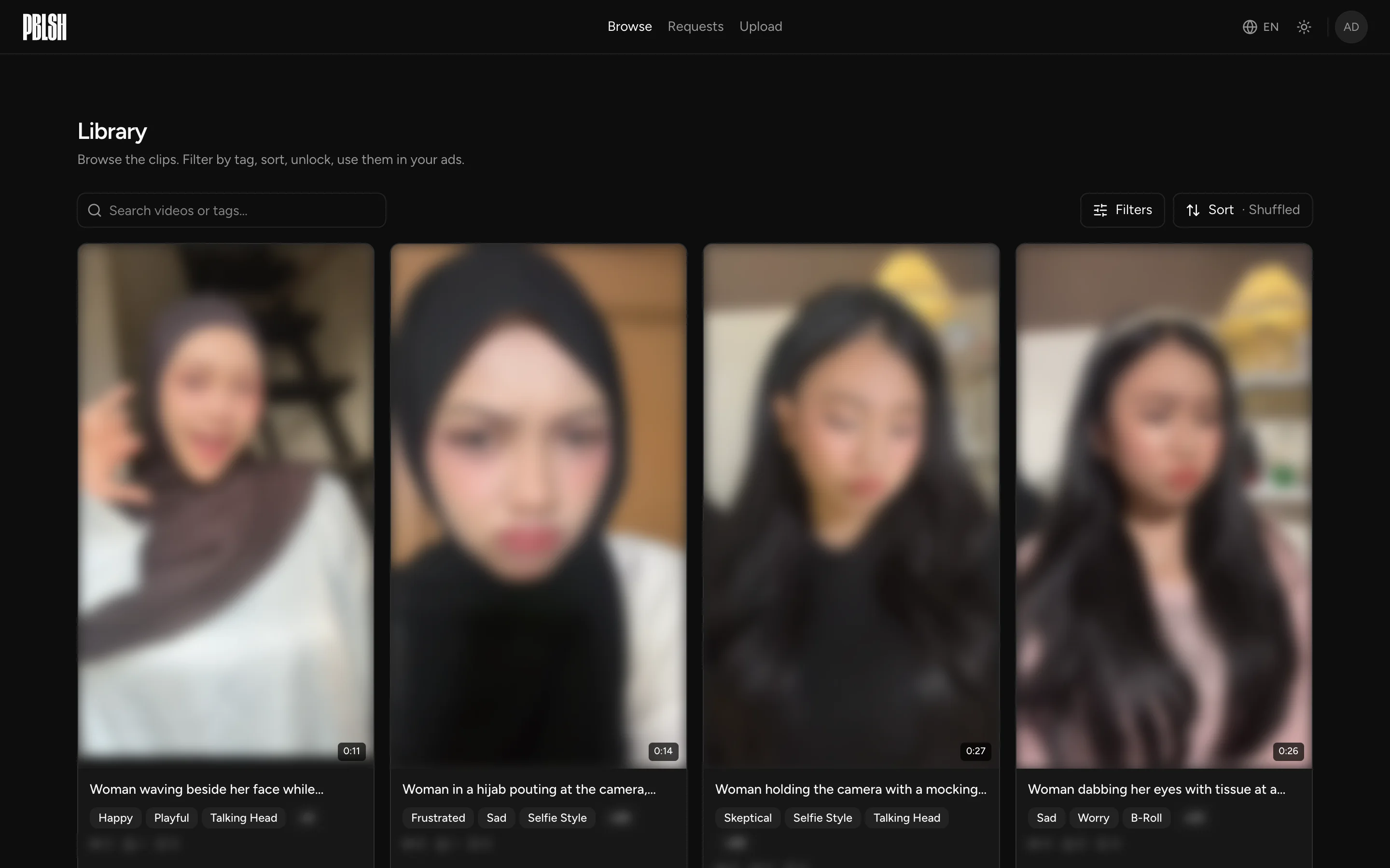 The PBLSH library: UGC clips with AI-written titles and tags