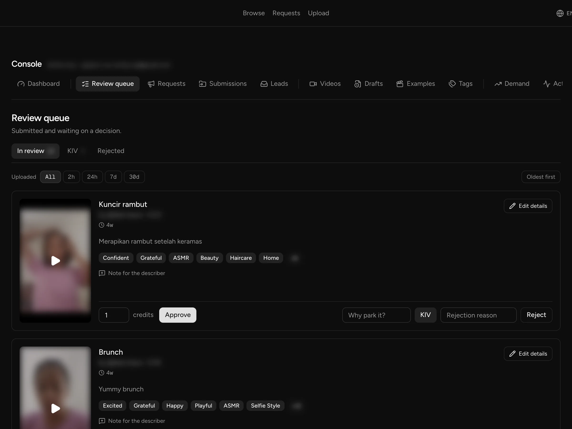 The review queue with AI suggestions waiting for approval