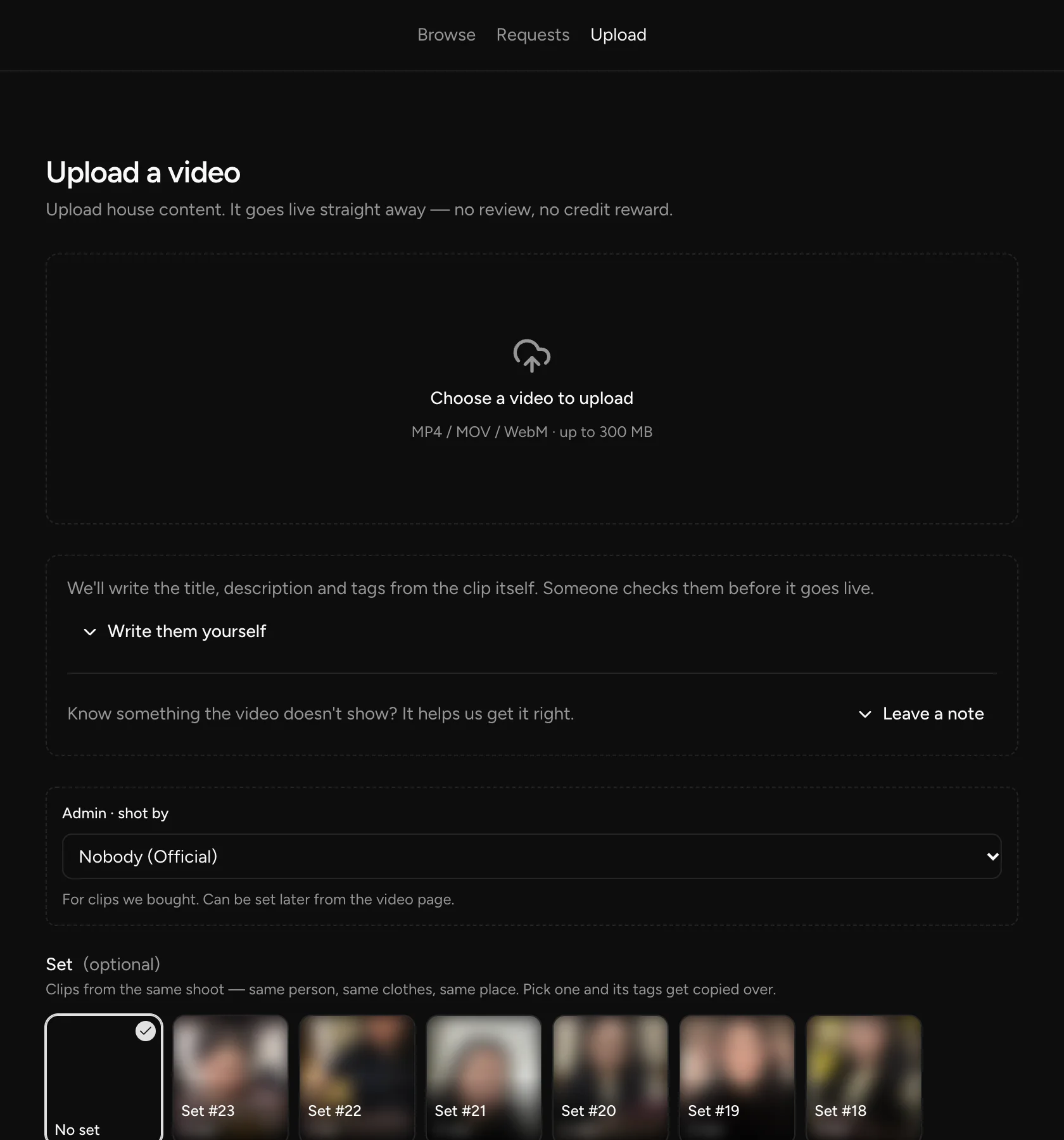 The upload form, which only asks for the video
