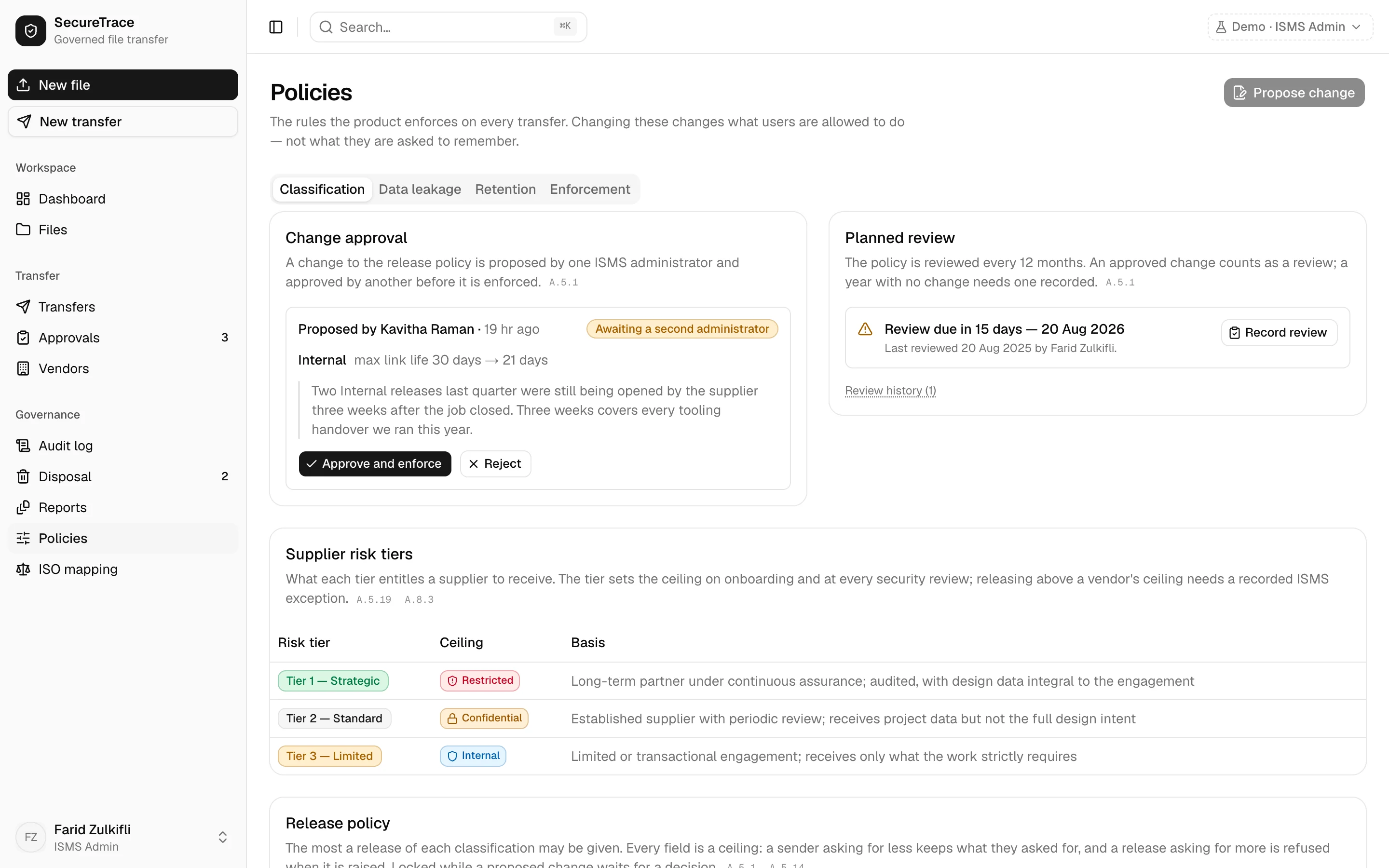 The policies page with a change awaiting a second administrator