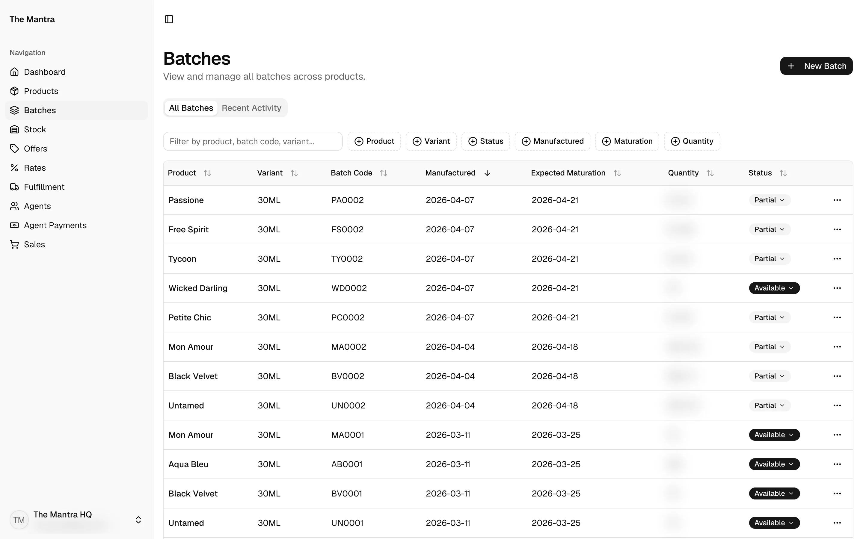 Batches: every batch with its code, manufacture and maturation dates, and bottles left