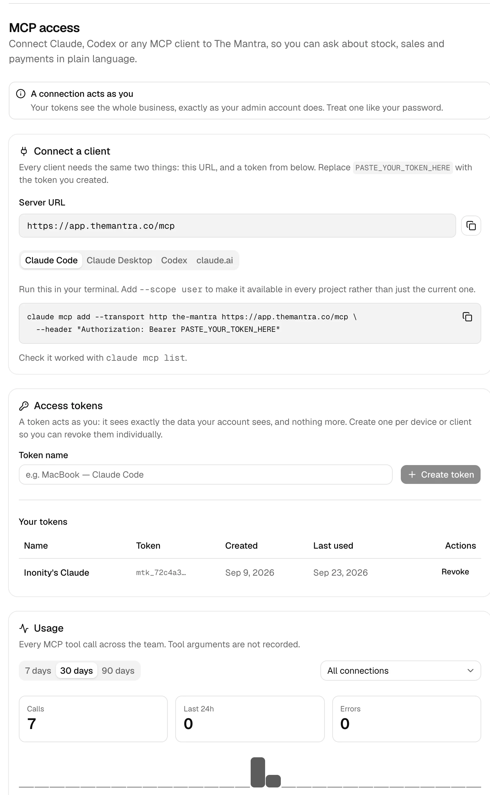 The MCP access page in The Mantra's settings