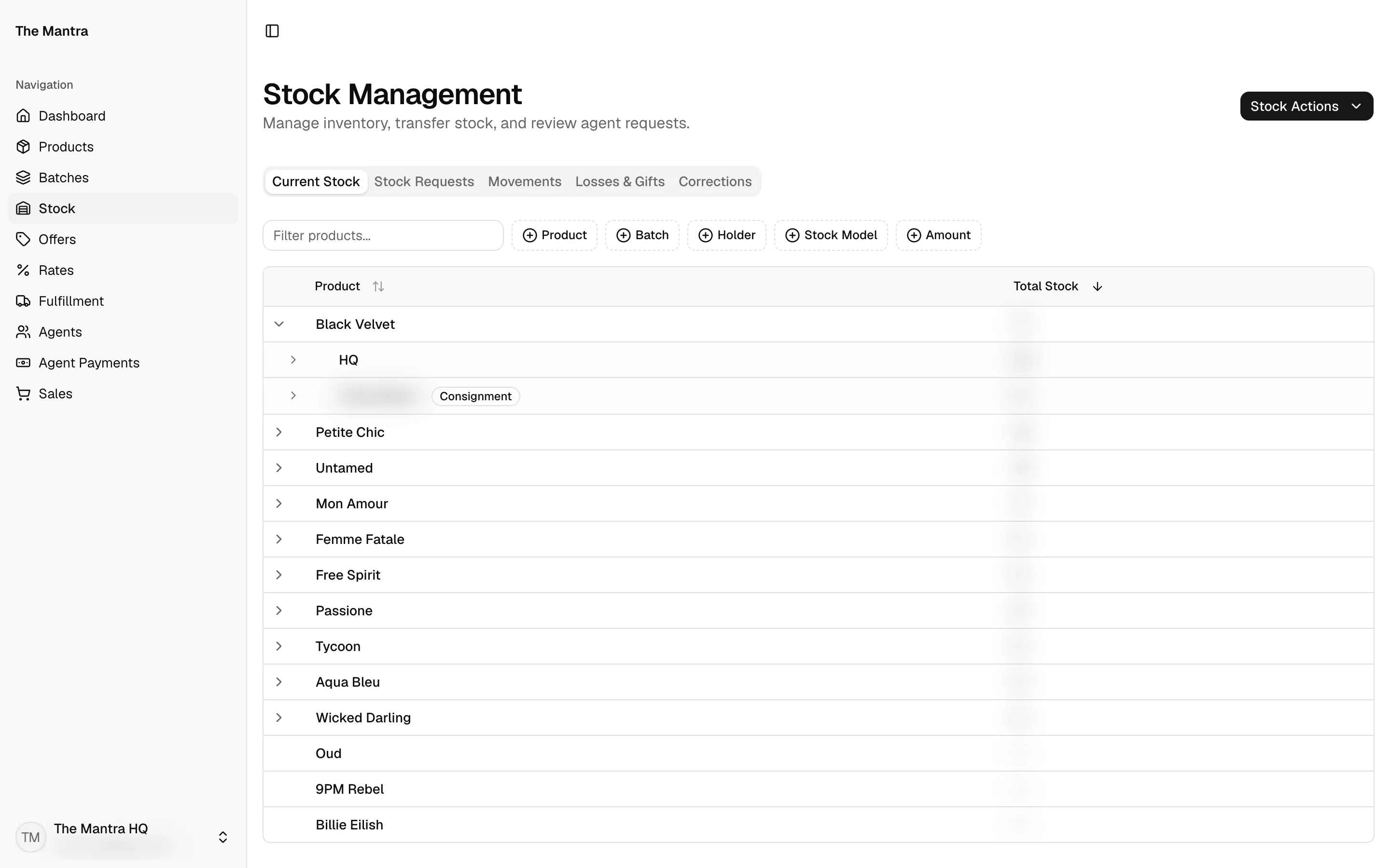 Stock: every product, with who holds it